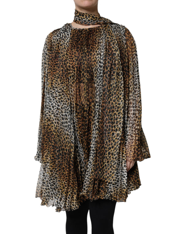 Brown Leopard Print Scarf Collared Chiffon Dress Dolce & Gabbana