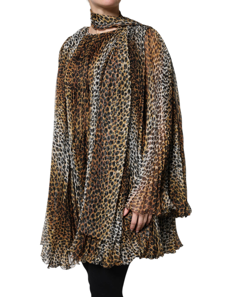 Brown Leopard Print Scarf Collared Chiffon Dress Dolce & Gabbana