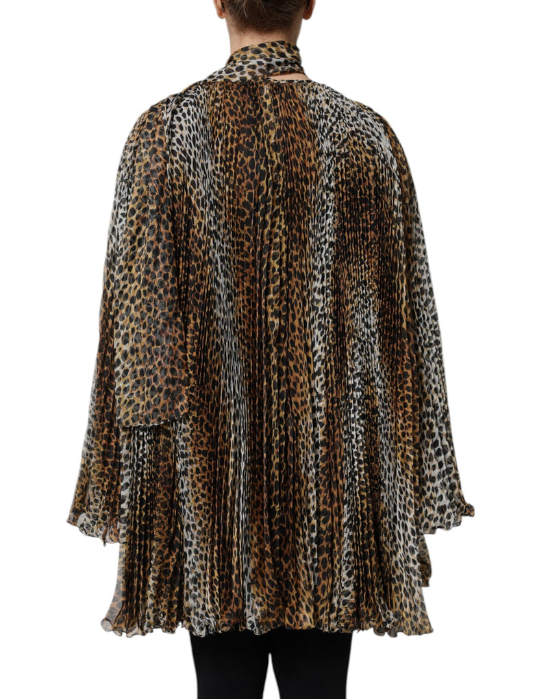 Brown Leopard Print Scarf Collared Chiffon Dress Dolce & Gabbana
