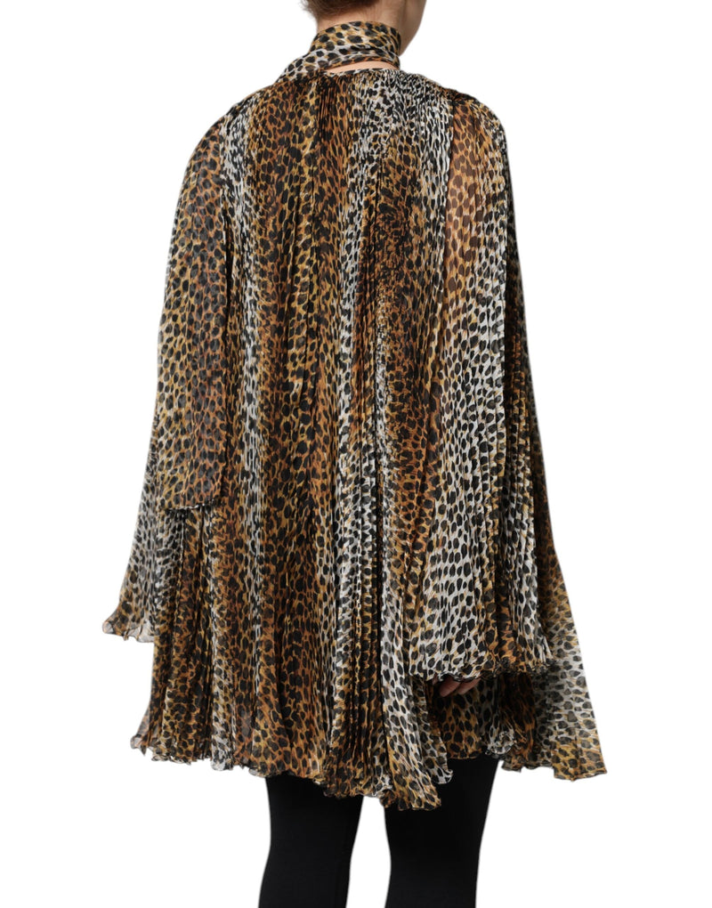 Brown Leopard Print Scarf Collared Chiffon Dress Dolce & Gabbana