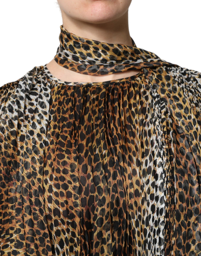 Brown Leopard Print Scarf Collared Chiffon Dress Dolce & Gabbana