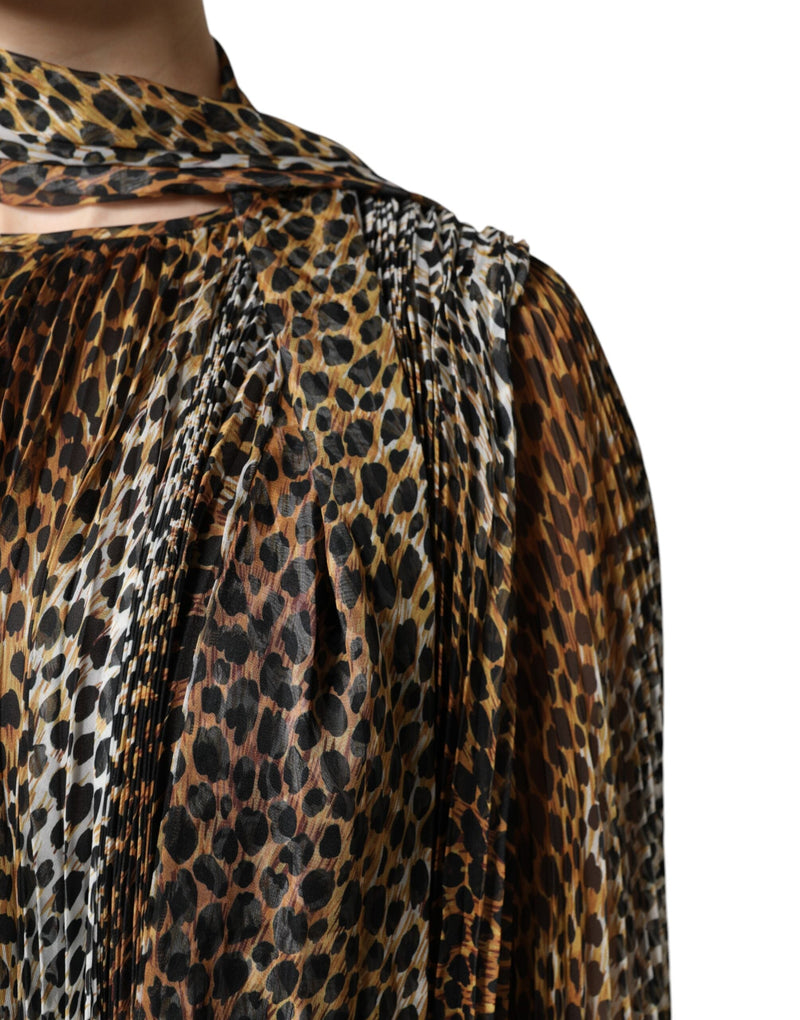 Brown Leopard Print Scarf Collared Chiffon Dress Dolce & Gabbana