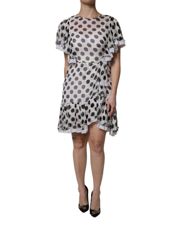 White Polka Dotted Silk Blend A-line Dress Dolce & Gabbana