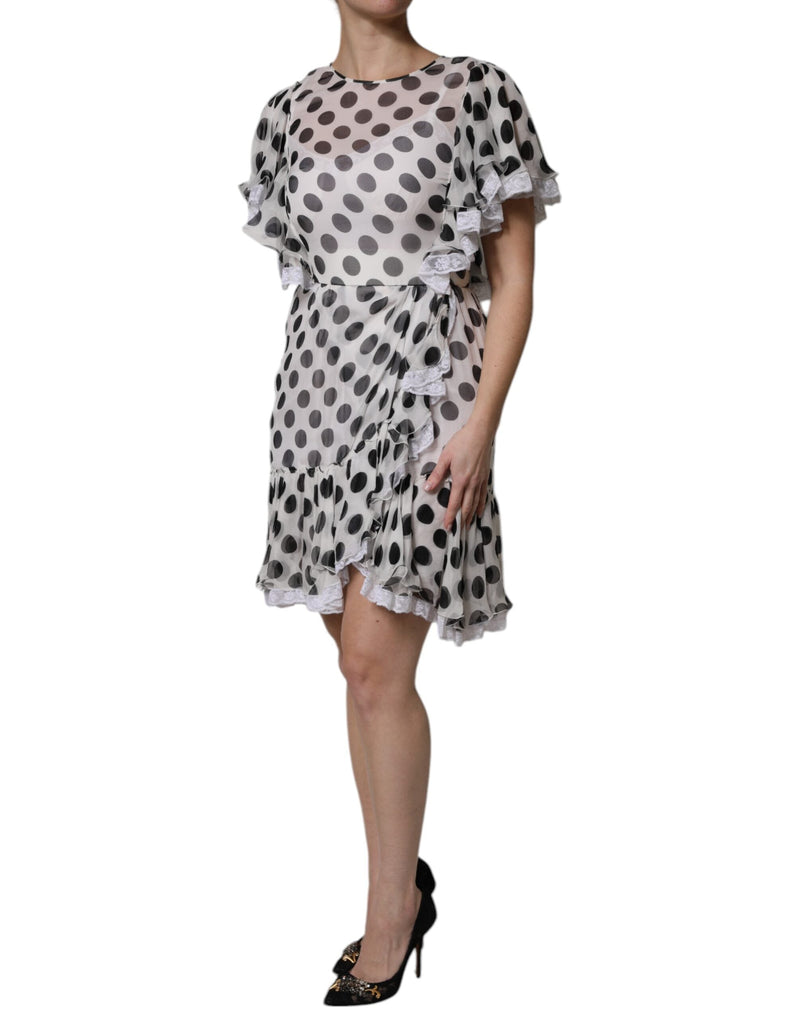 White Polka Dotted Silk Blend A-line Dress Dolce & Gabbana
