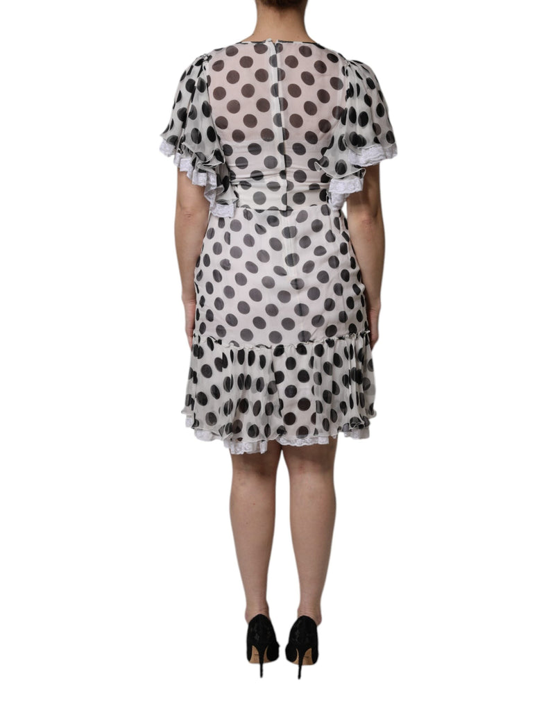 White Polka Dotted Silk Blend A-line Dress Dolce & Gabbana