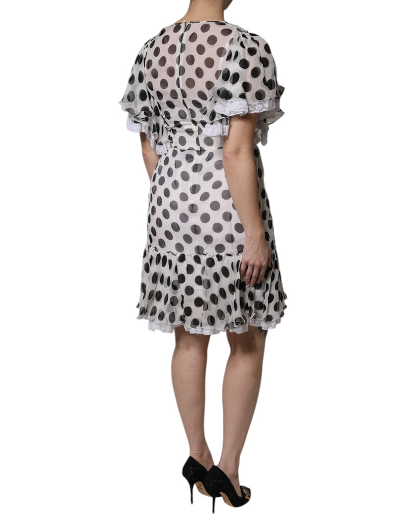 White Polka Dotted Silk Blend A-line Dress Dolce & Gabbana