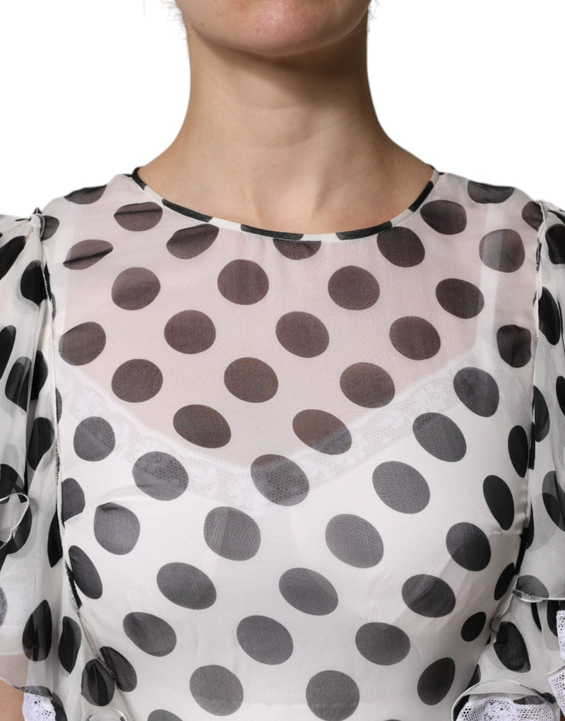 White Polka Dotted Silk Blend A-line Dress Dolce & Gabbana