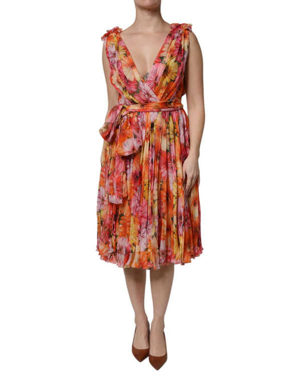 Multicolor Floral Silk V-neck Chiffon Dress Dolce & Gabbana