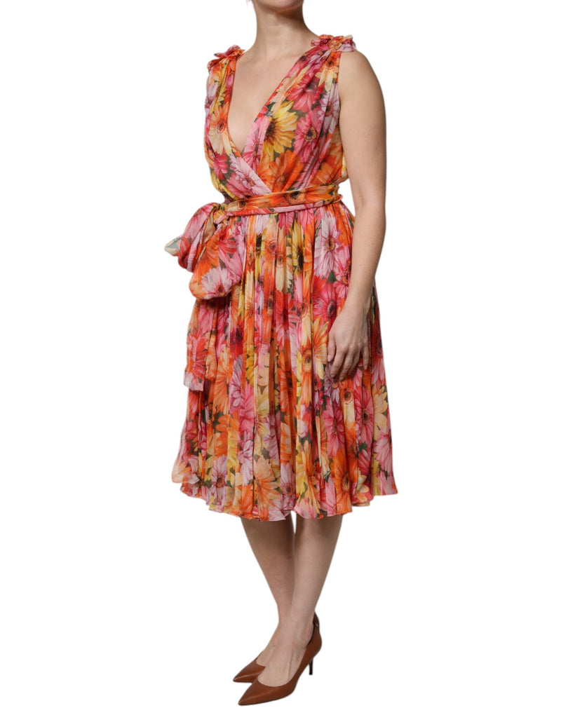 Multicolor Floral Silk V-neck Chiffon Dress Dolce & Gabbana