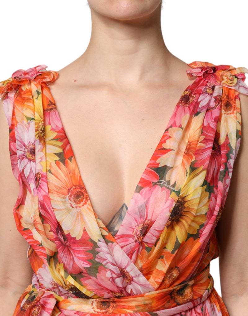 Multicolor Floral Silk V-neck Chiffon Dress Dolce & Gabbana