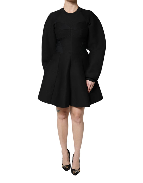 Black Cotton Long Sleeves A-line Mini Dress Dolce & Gabbana