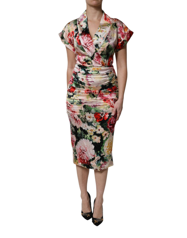 Multicolor Floral Short Sleeves Sheath Midi Dress Dolce & Gabbana