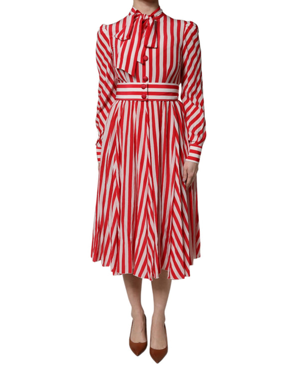 White Red Stripes Long Sleeves Midi Dress Dolce & Gabbana