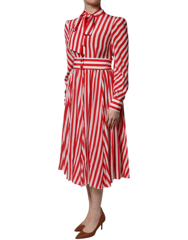 White Red Stripes Long Sleeves Midi Dress Dolce & Gabbana
