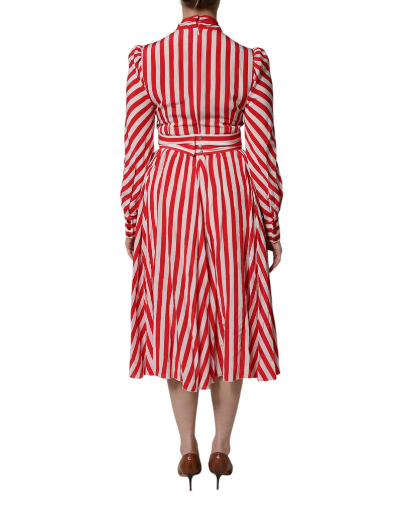 White Red Stripes Long Sleeves Midi Dress Dolce & Gabbana