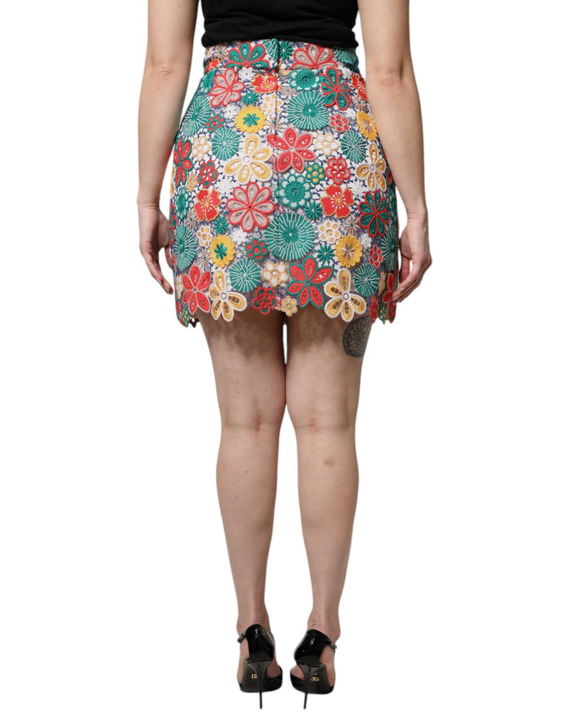 Multicolor Floral Lace High Waist Mini Skirt Dolce & Gabbana
