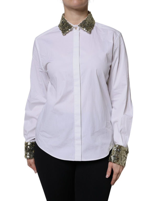 White Cotton Long Sleeves Sequin Shirt Top Dolce & Gabbana