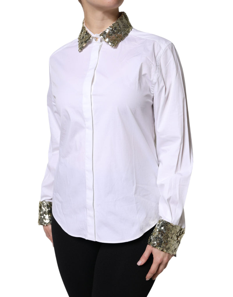 White Cotton Long Sleeves Sequin Shirt Top Dolce & Gabbana