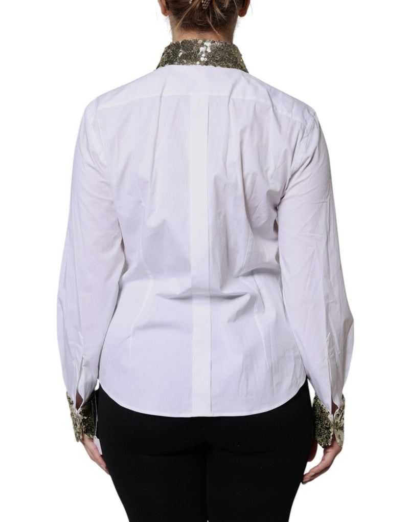 White Cotton Long Sleeves Sequin Shirt Top Dolce & Gabbana