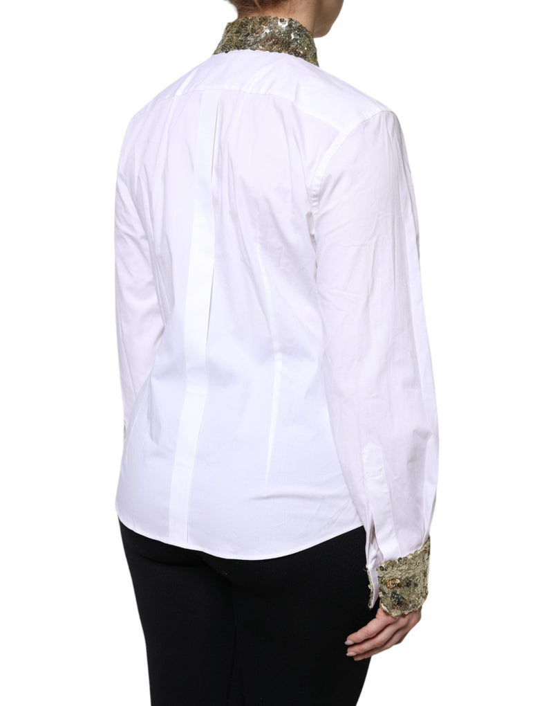 White Cotton Long Sleeves Sequin Shirt Top Dolce & Gabbana