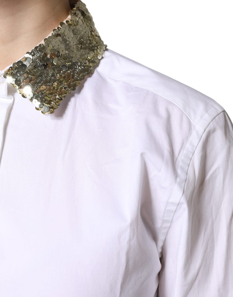 White Cotton Long Sleeves Sequin Shirt Top Dolce & Gabbana