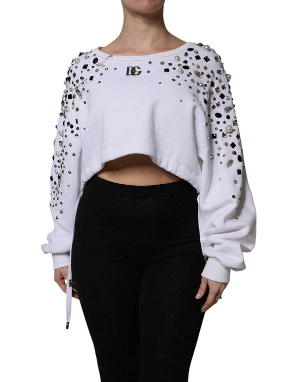 White Embellished Long Sleeve Cropped Sweater Dolce & Gabbana