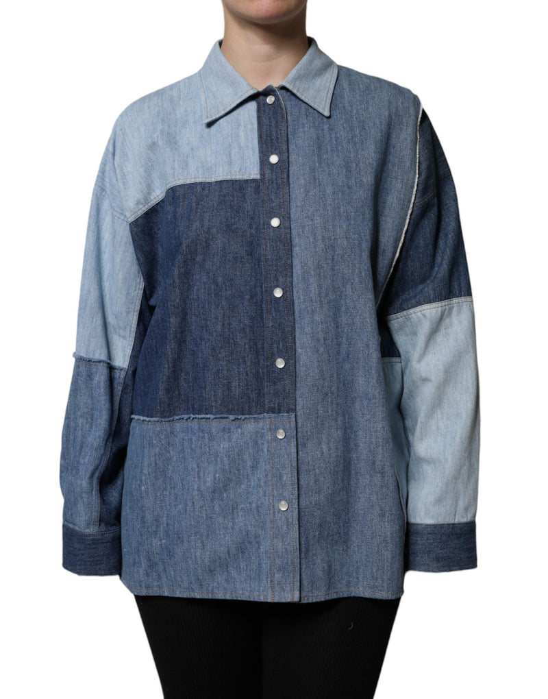 Blue Cotton Button Up Collared Long Sleeve Top Dolce & Gabbana