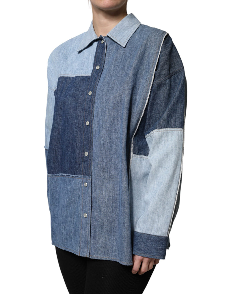 Blue Cotton Button Up Collared Long Sleeve Top Dolce & Gabbana