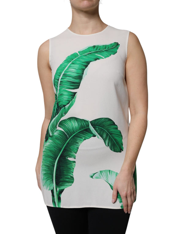 White Banana Leaf Print Round Neck Tank Top Dolce & Gabbana
