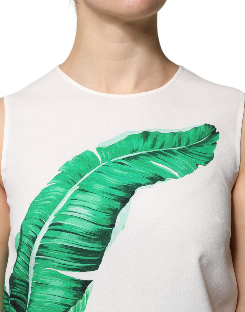 White Banana Leaf Print Round Neck Tank Top Dolce & Gabbana