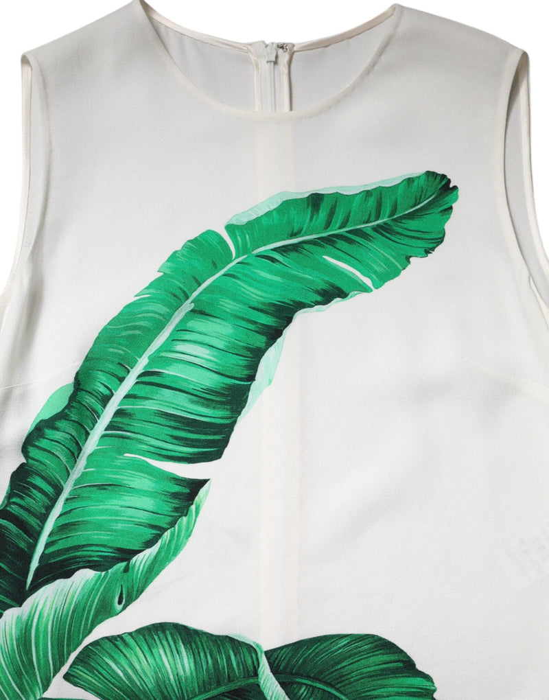 White Banana Leaf Print Round Neck Tank Top Dolce & Gabbana