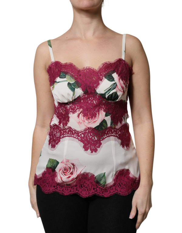 White Rose Print Satin Lace Tank Top Lingerie Dolce & Gabbana