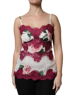 White Rose Print Satin Lace Tank Top Lingerie Dolce & Gabbana