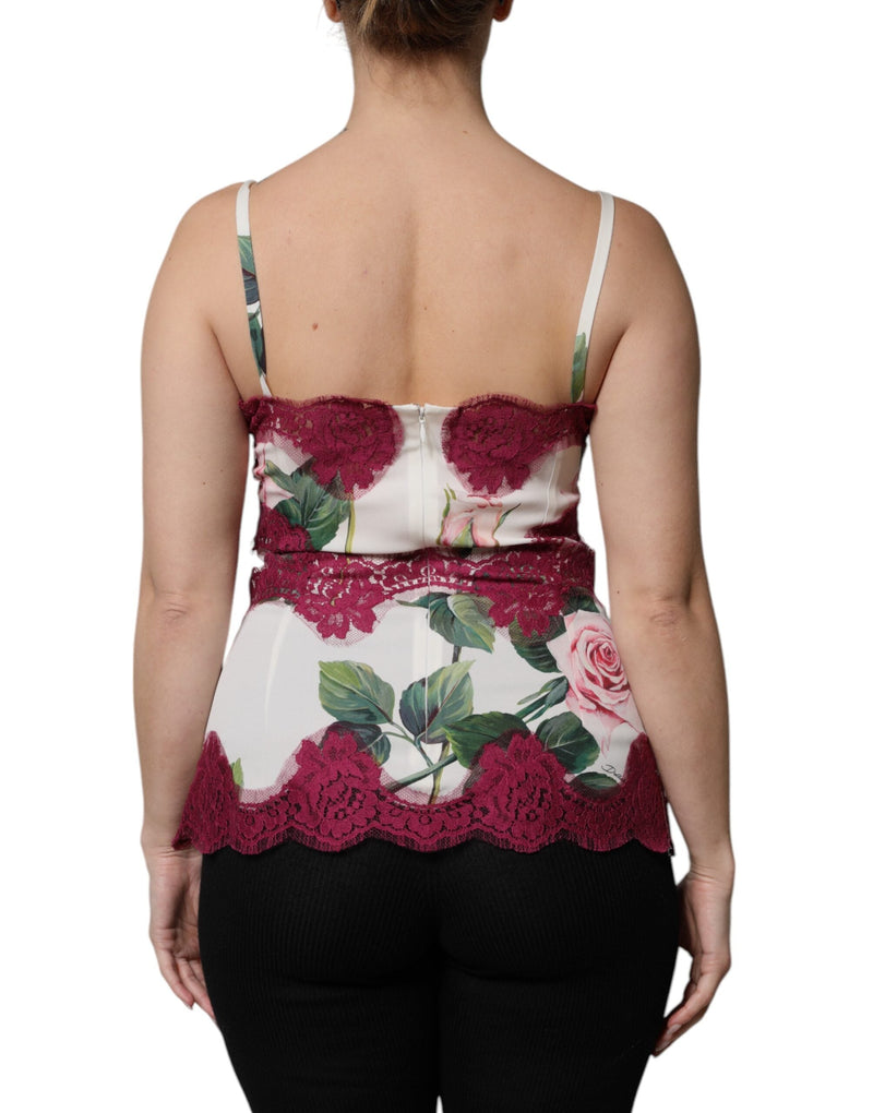 White Rose Print Satin Lace Tank Top Lingerie Dolce & Gabbana