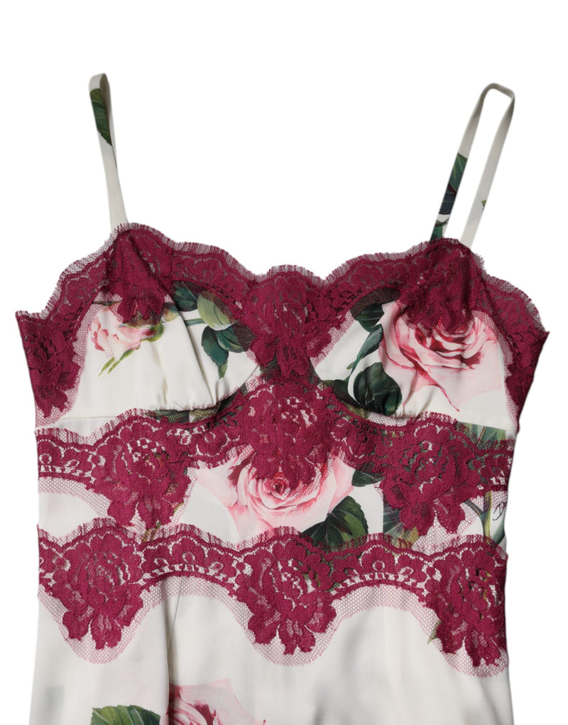 White Rose Print Satin Lace Tank Top Lingerie Dolce & Gabbana