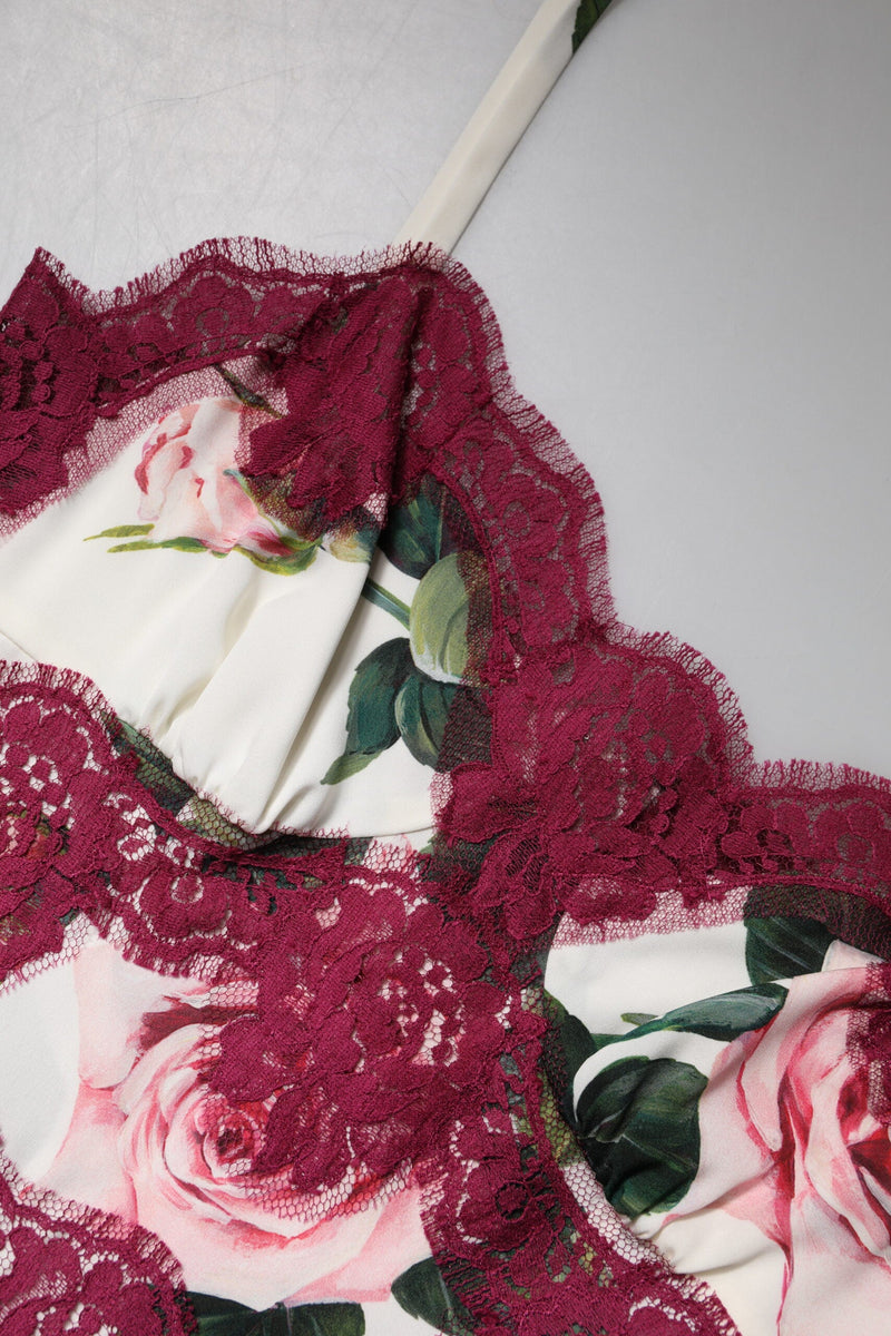 White Rose Print Satin Lace Tank Top Lingerie Dolce & Gabbana