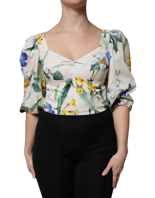 White Floral Puff Sleeves Crop Blouse Top Dolce & Gabbana