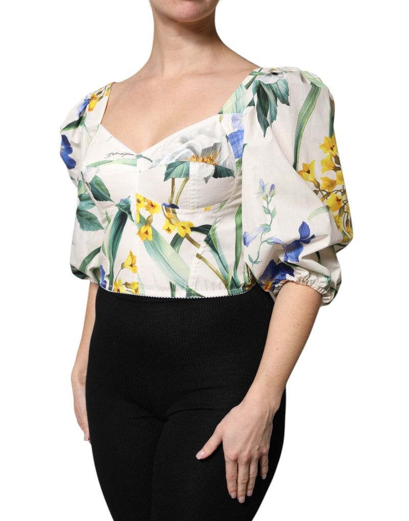 White Floral Puff Sleeves Crop Blouse Top Dolce & Gabbana
