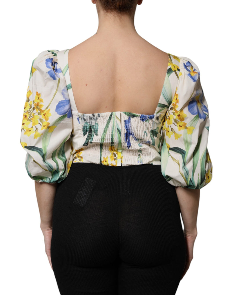 White Floral Puff Sleeves Crop Blouse Top Dolce & Gabbana