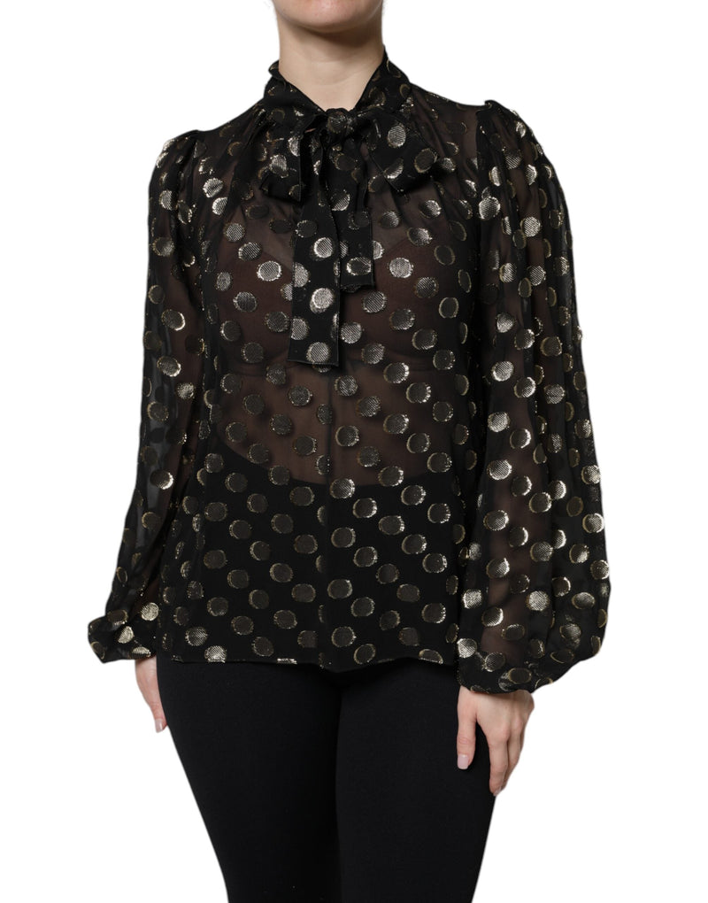 Black Sheer Tied Neck Polka Dots Blouse Top Dolce & Gabbana