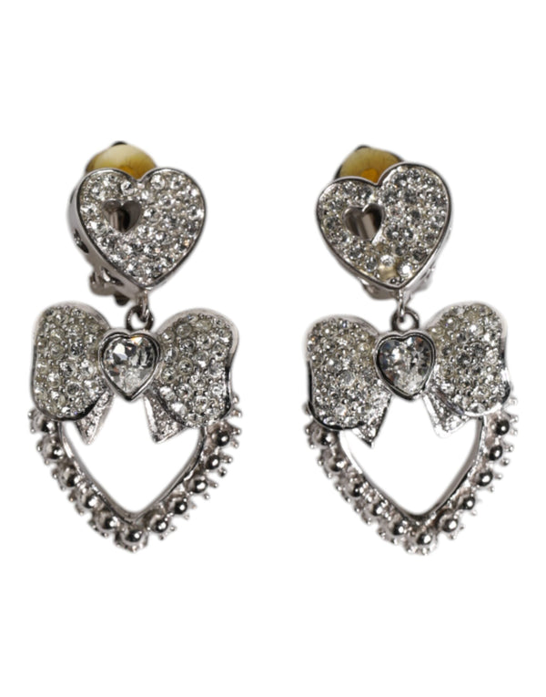 Silver Heart Bow Rhinestones Dangle Clip-On Earrings Dolce & Gabbana