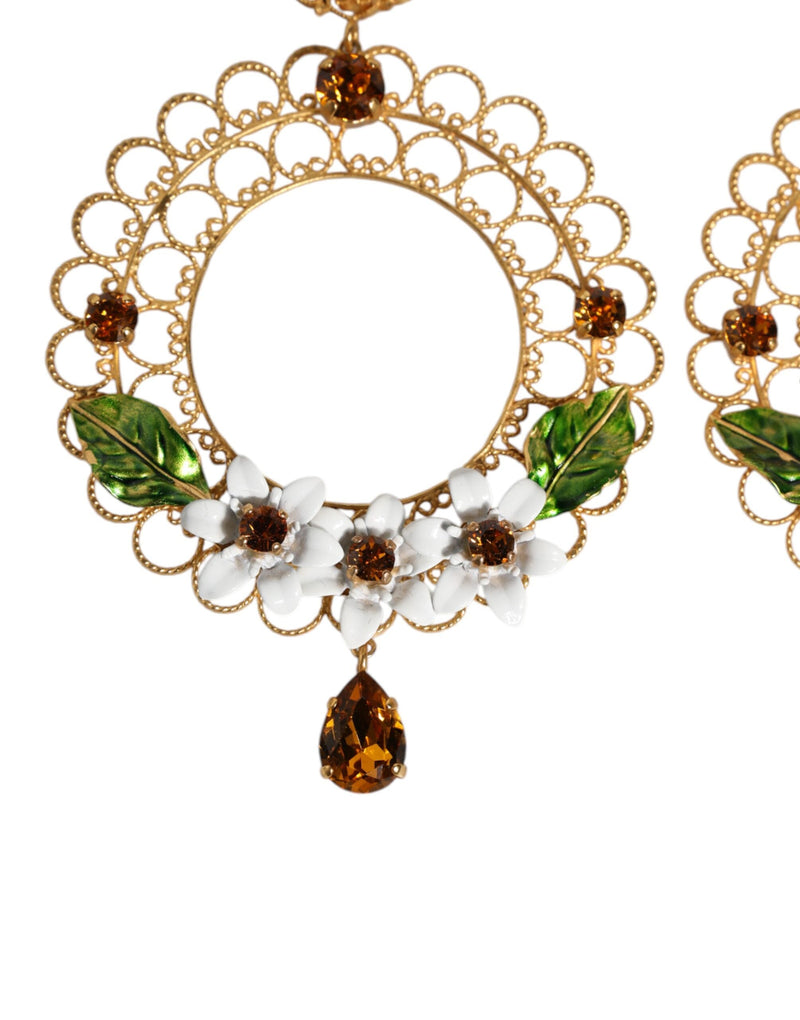 Gold Floral Filigree Hoop Enamel Amber Crystals Earrings Dolce & Gabbana