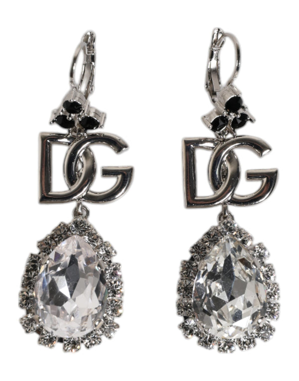 Silver Brass Crystal Teardrop DG Logo Clip On Earrings Dolce & Gabbana