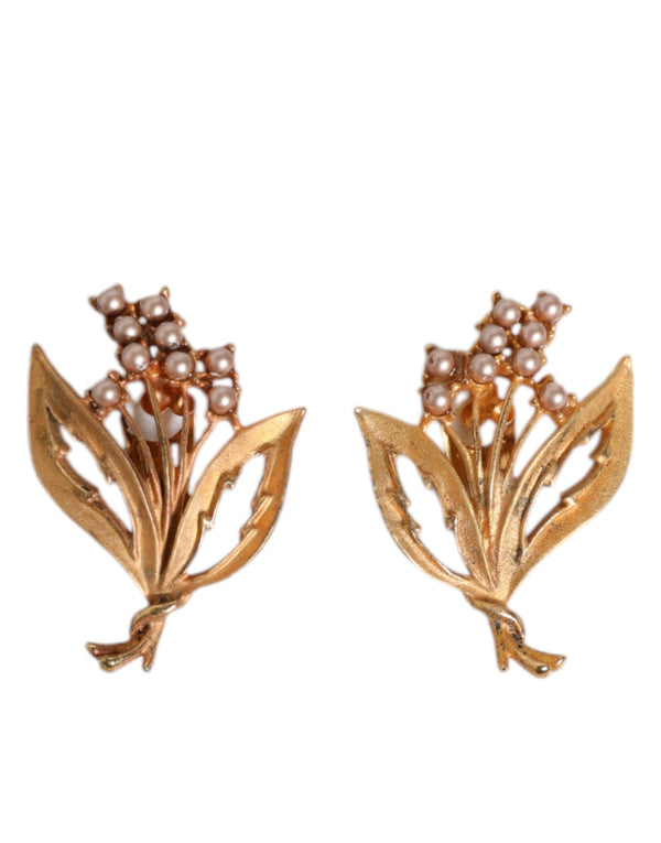 Gold Tone Brass Lily Of The Valley Pearl Clip On Earrings Dolce & Gabbana