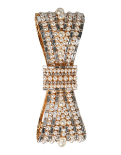 Gold Tone Brass Bow Crystal FauxPearl Embellished Brooch Dolce & Gabbana
