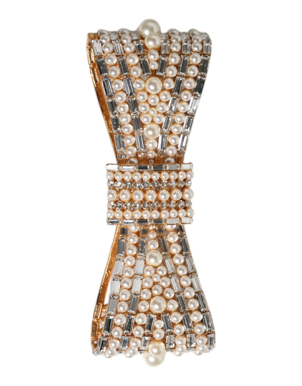 Gold Tone Brass Bow Crystal FauxPearl Embellished Brooch Dolce & Gabbana