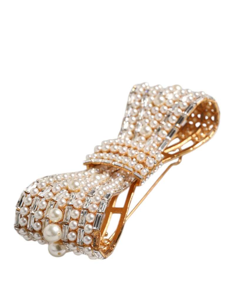 Gold Tone Brass Bow Crystal FauxPearl Embellished Brooch Dolce & Gabbana