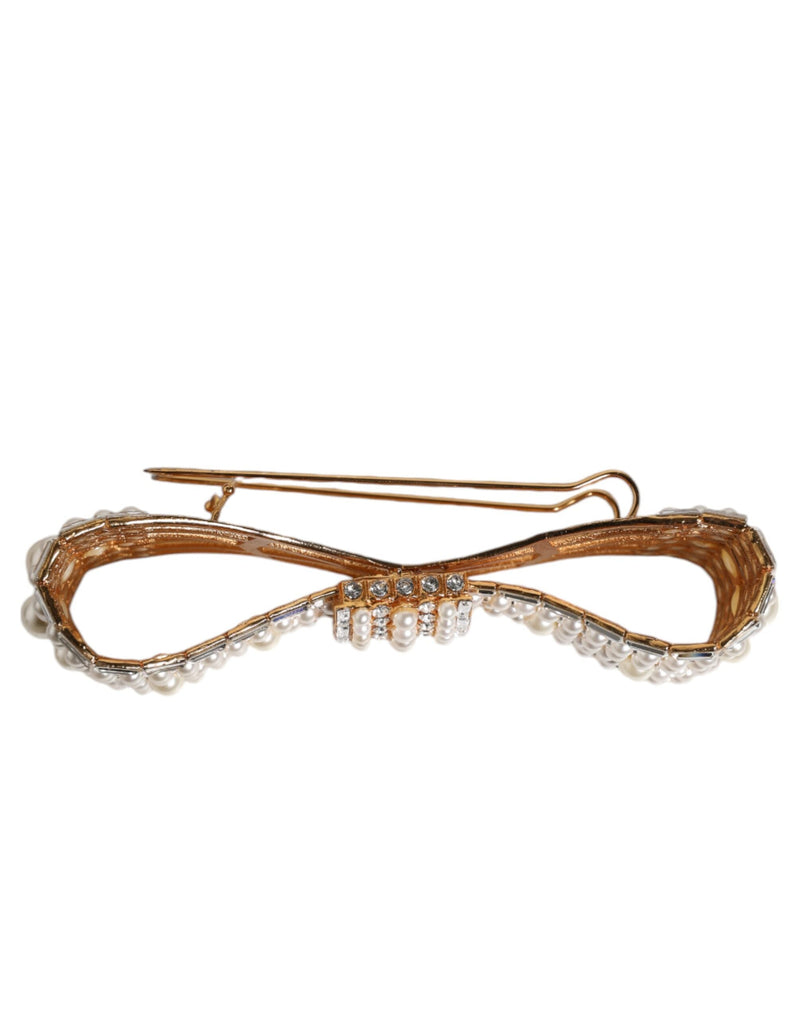 Gold Tone Brass Bow Crystal FauxPearl Embellished Brooch Dolce & Gabbana