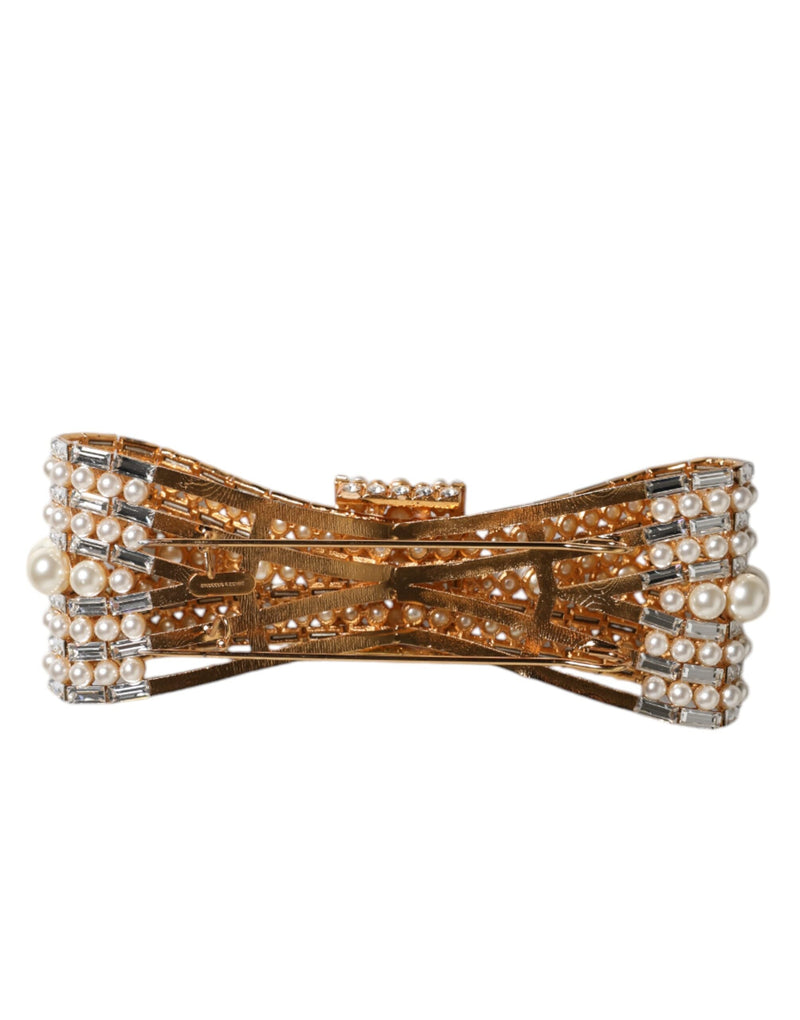Gold Tone Brass Bow Crystal FauxPearl Embellished Brooch Dolce & Gabbana