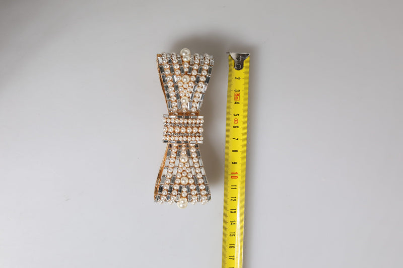 Gold Tone Brass Bow Crystal FauxPearl Embellished Brooch Dolce & Gabbana
